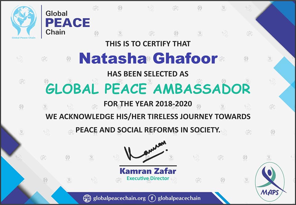 Elected as a Global Peace Ambassador for the year 2018-2020 by Global Peace Chain